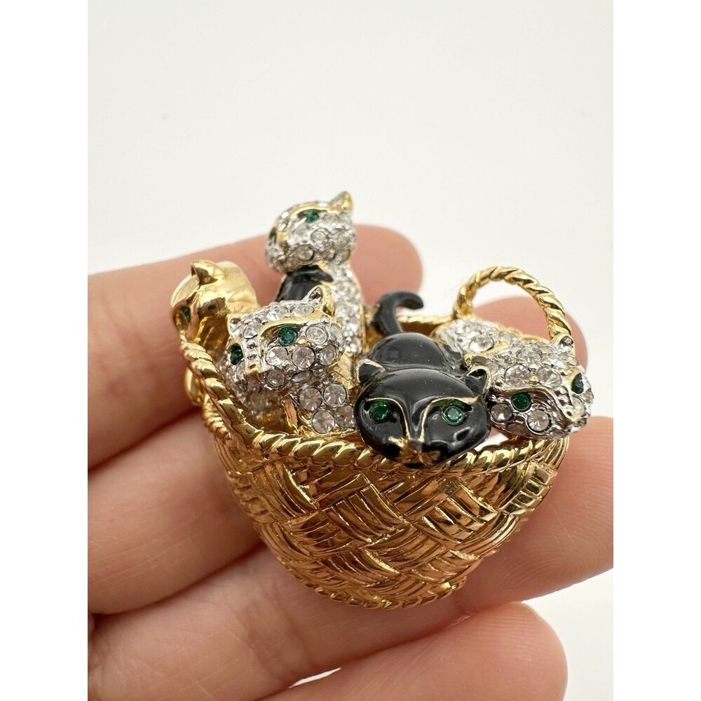 Vintage Carolee Rhinestone & Black Enamel Kittens in the Basket Gold Tone Brooch